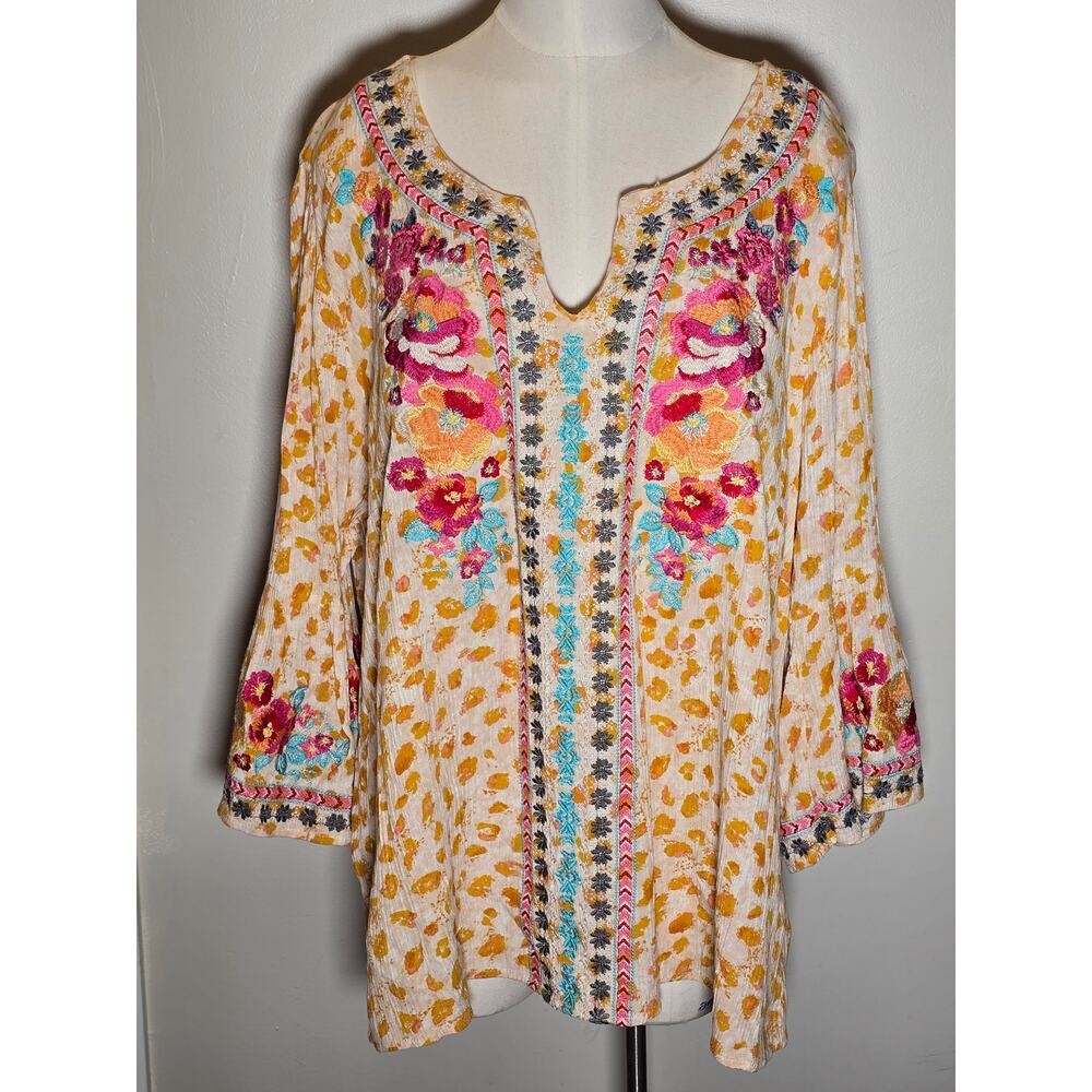 Savanna Jane 2X Embroidered Boho Top Gauze Rayon Floral Leopard Print Plus